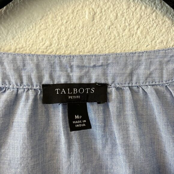 Talbots Top Blouse Womens Petite Med Embroidered Sleeves Blue Peasant Boho - Picture 2 of 11